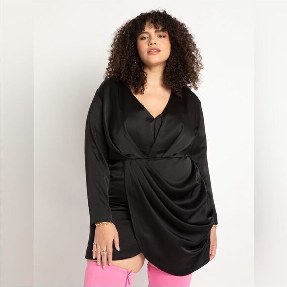 Eloquii Black Satin Draped Mini Faux Wrap Dress, Size 16 - Picture 1 of 12